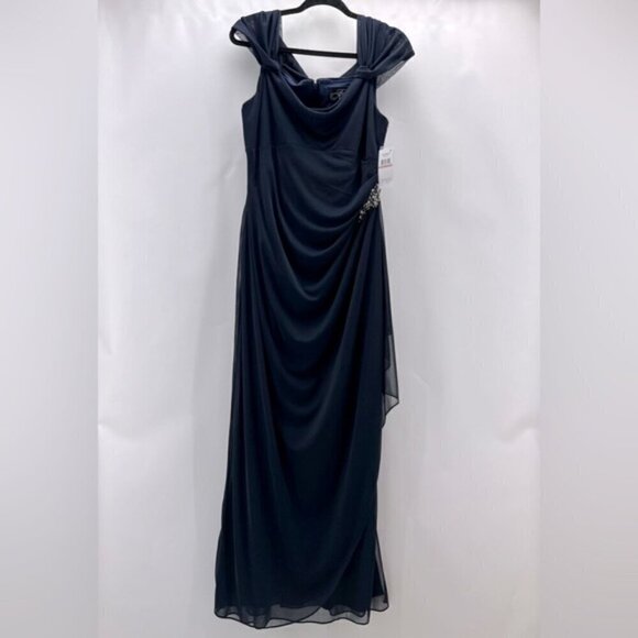 Alex Evenings - Women's Long Cold Shoulder Dress - Navy Blue. Size: 12. NWT - Picture 3 of 16